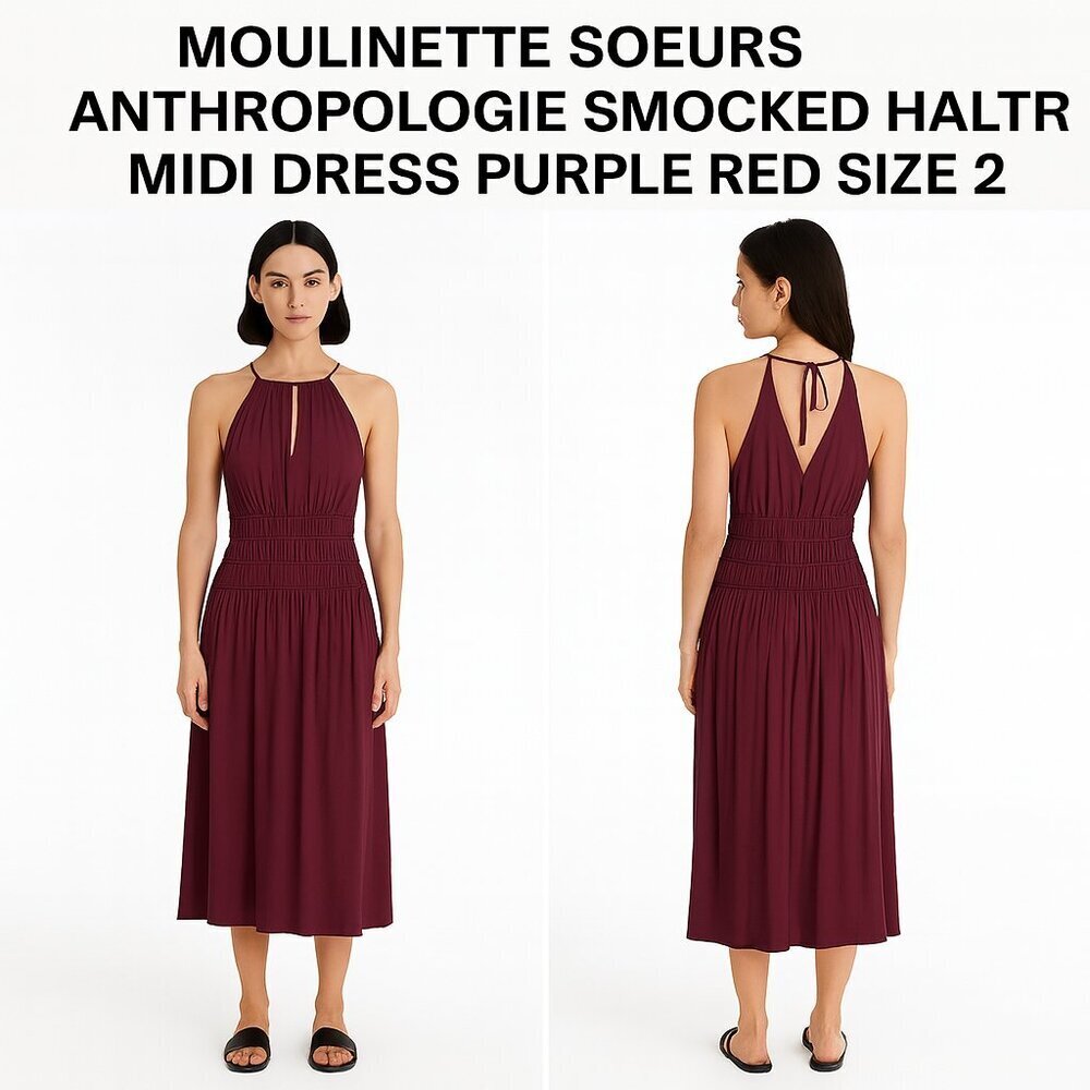 MOULINETTE SOEURS ANTHROPOLOGIE SMOCKED HALTER MIDI DRESS PURPLE RED SIZE 2